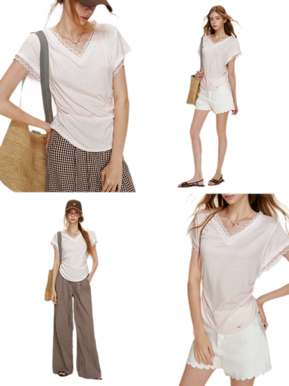 Tencel Lace Trim Loose Short Sleeve T-Shirt