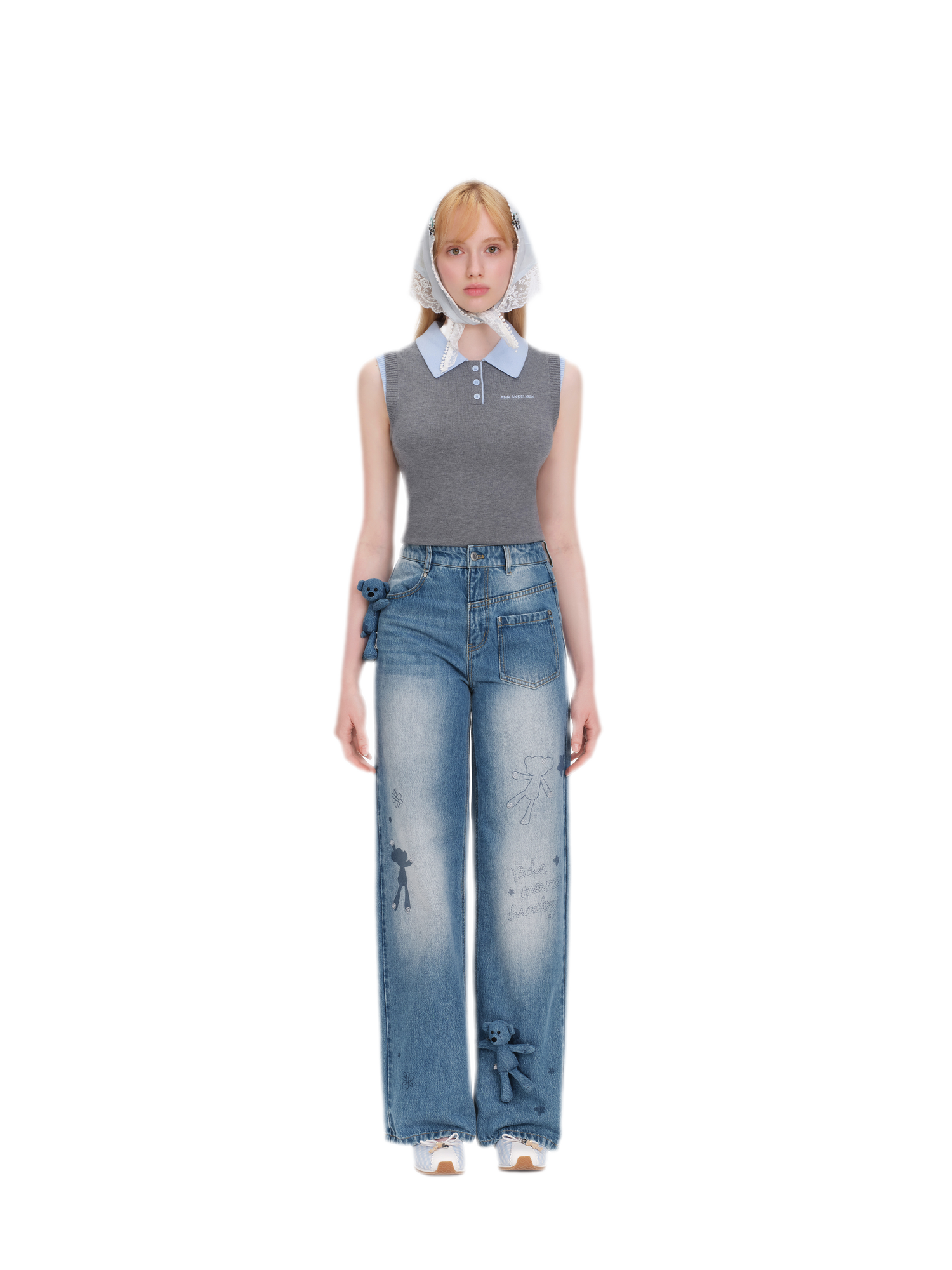Bear Print Denim Pants