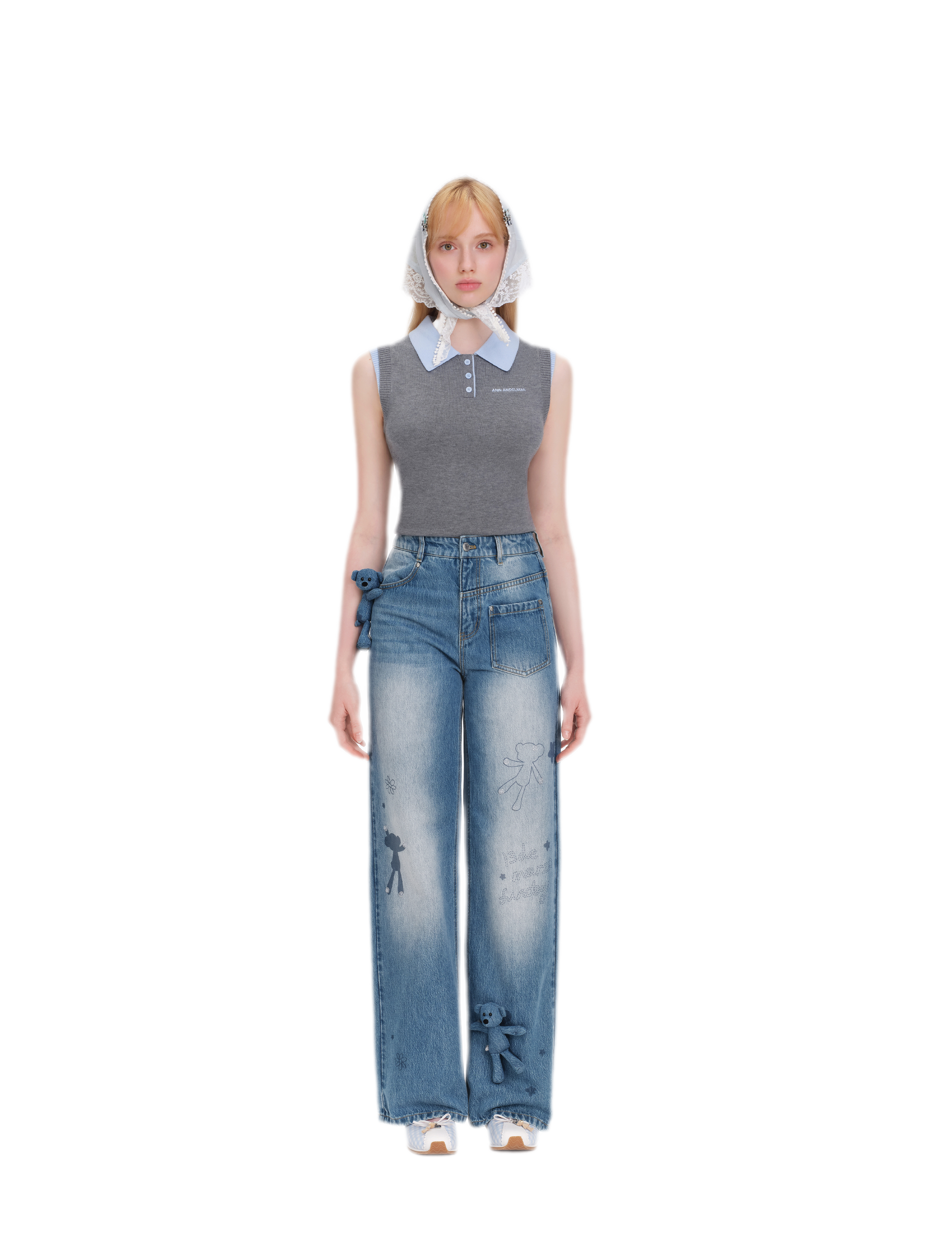 Bear Print Denim Pants