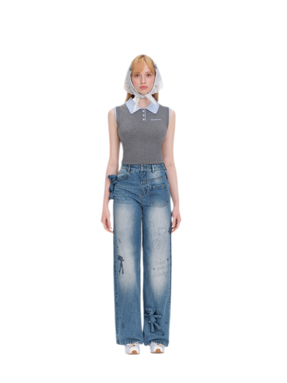 Bear Print Denim Pants