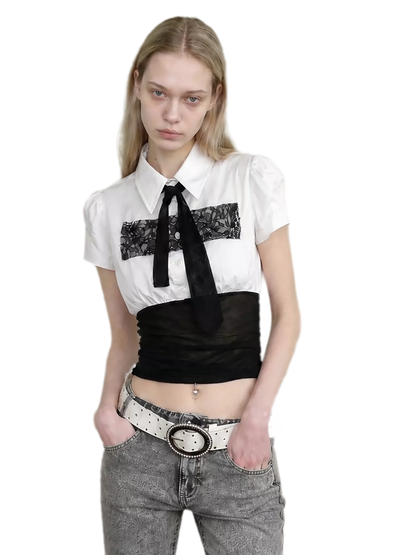 Lace Panel Cropped Shirt