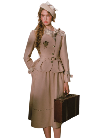 Vintage Belted Trench Skirt Set