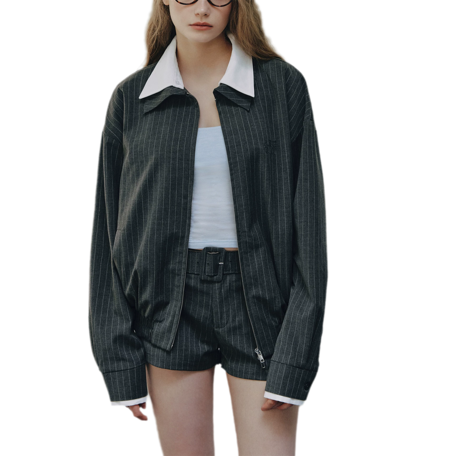 Pinstripe Belted Jacket Shorts Set
