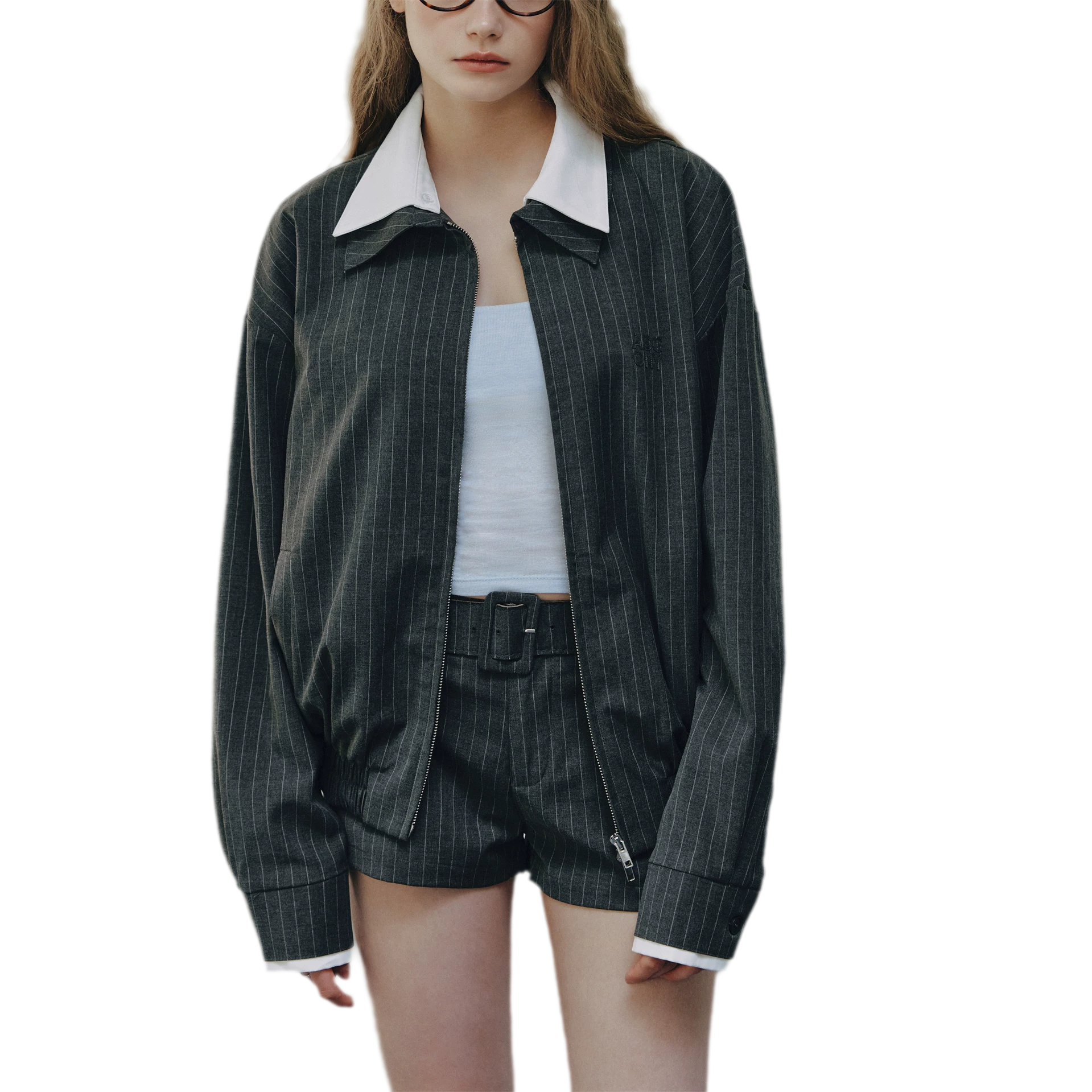 Pinstripe Belted Jacket Shorts Set