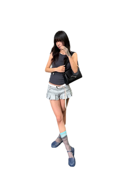 Pleated High-Waisted Double-Breasted Shorts