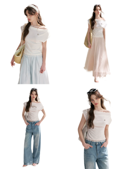 Lace Trim Asymmetric Short Sleeve T-Shirt