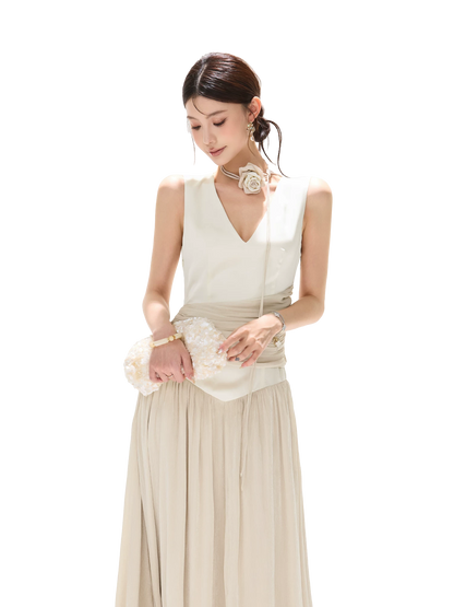 French Style Colorblock Pleated Satin V-Neck Dress