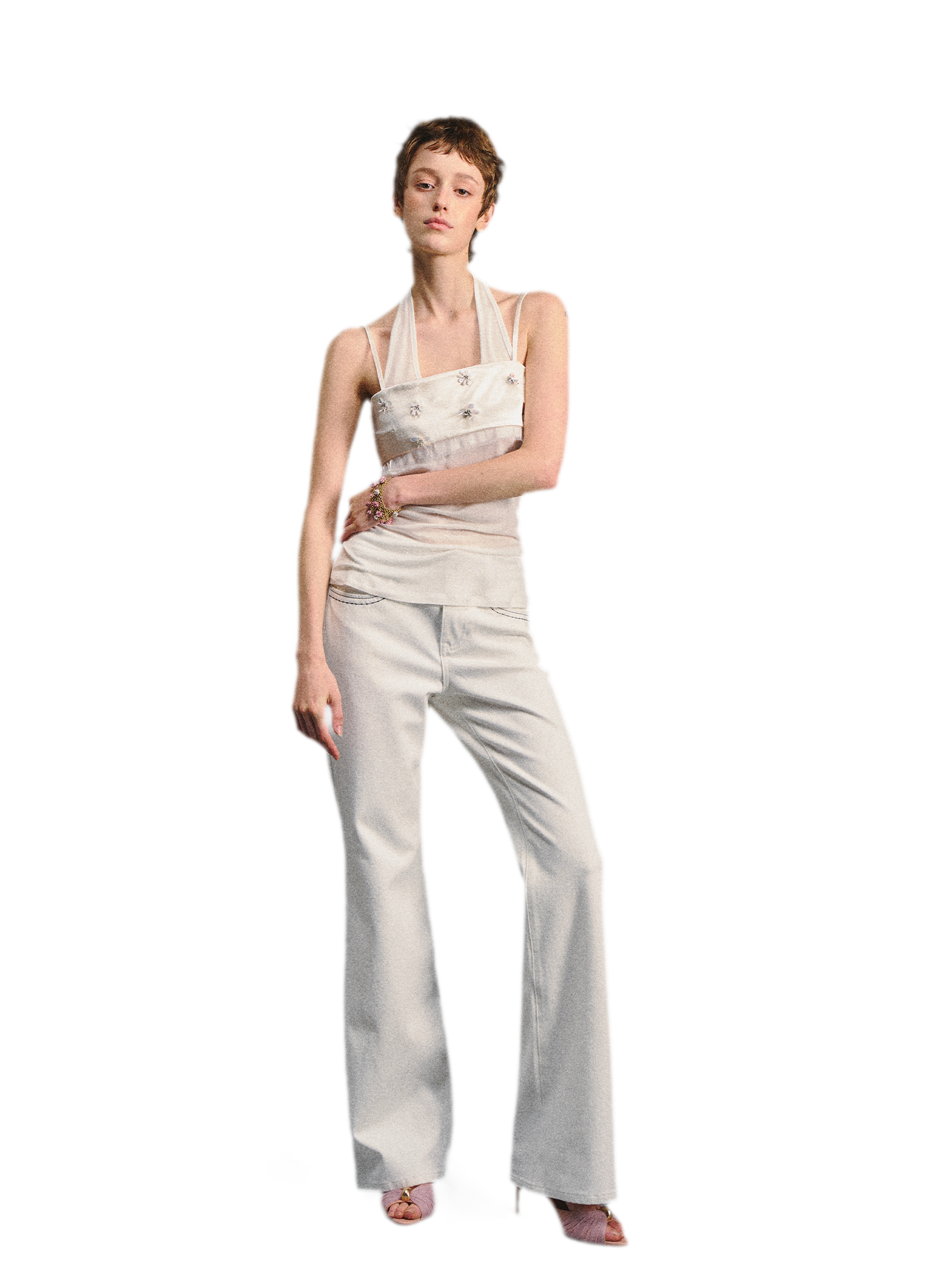 Textured White Contrast Waist Low-Rise Flared Pants