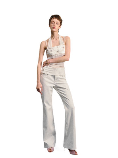 Textured White Contrast Waist Low-Rise Flared Pants