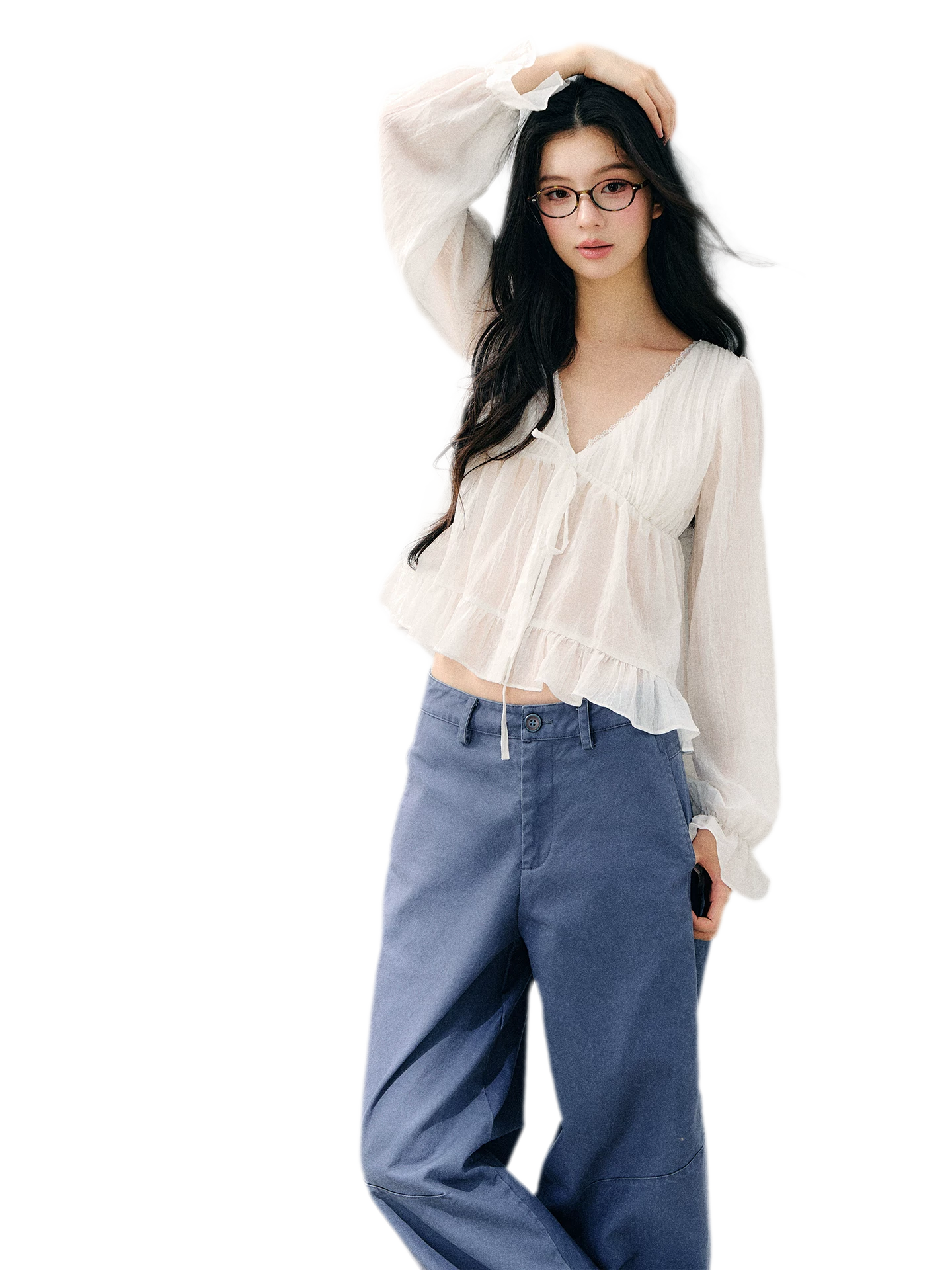 V-Neck Ruffle Chiffon Blouse