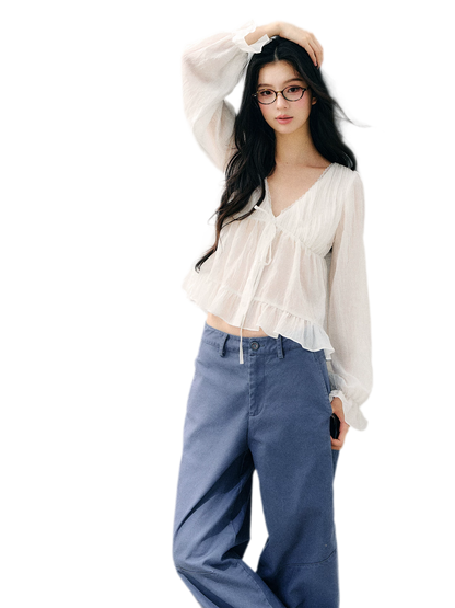 V-Neck Ruffle Chiffon Blouse