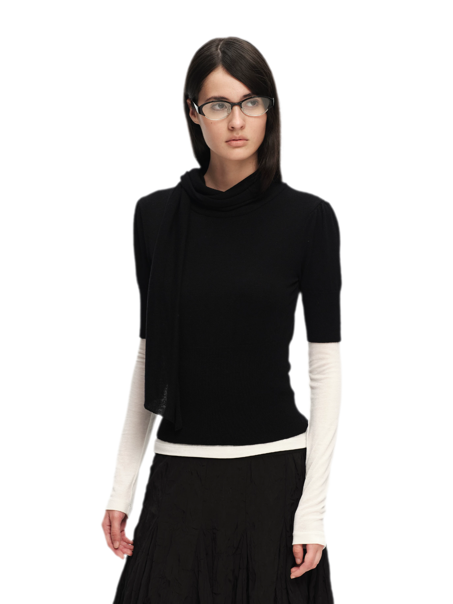 Wool-Blend Scarf-Neck Knit Top