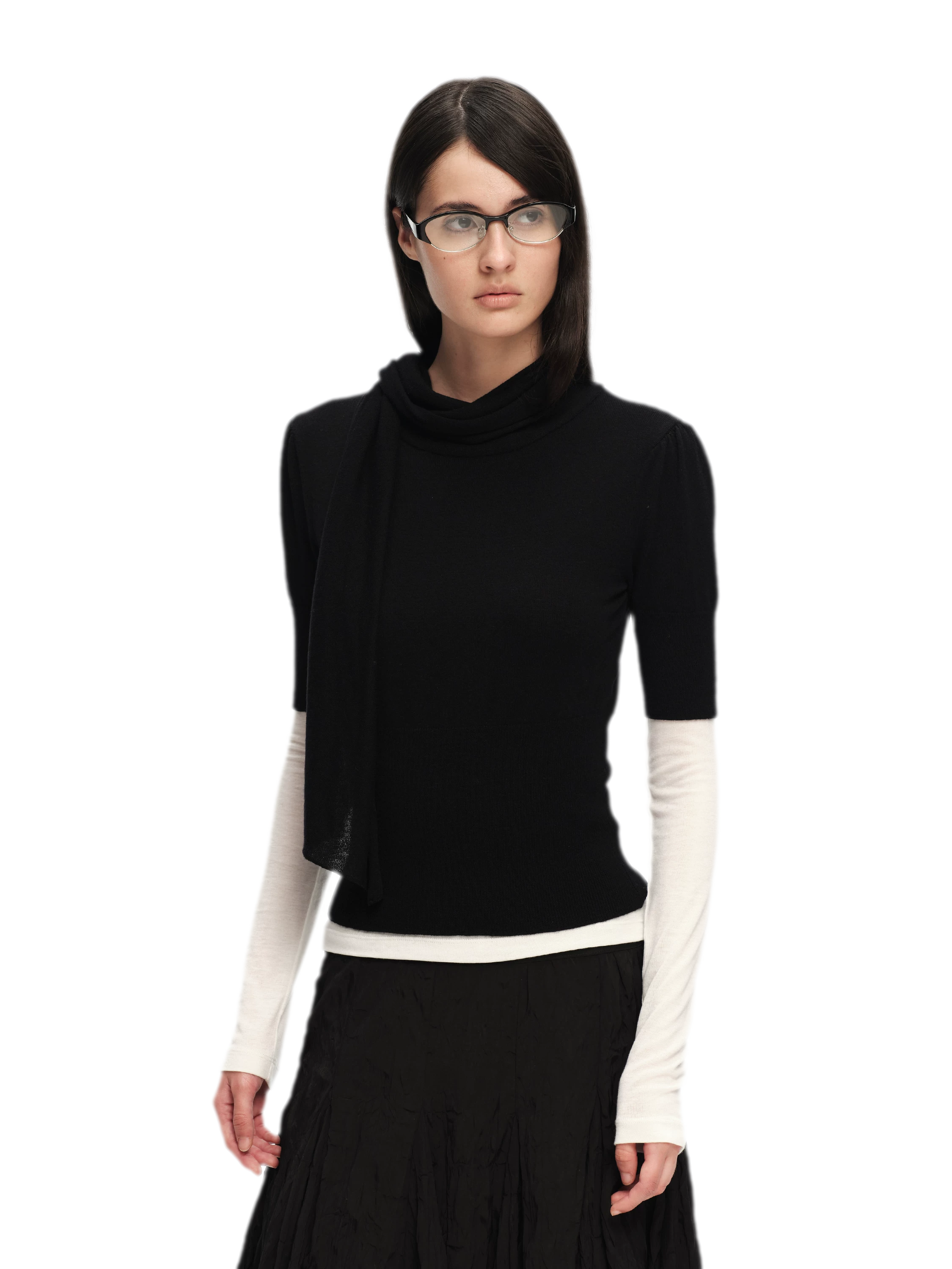 Wool-Blend Scarf-Neck Knit Top