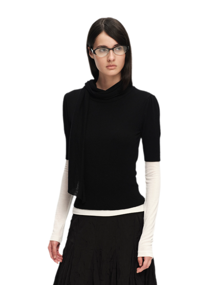 Wool-Blend Scarf-Neck Knit Top
