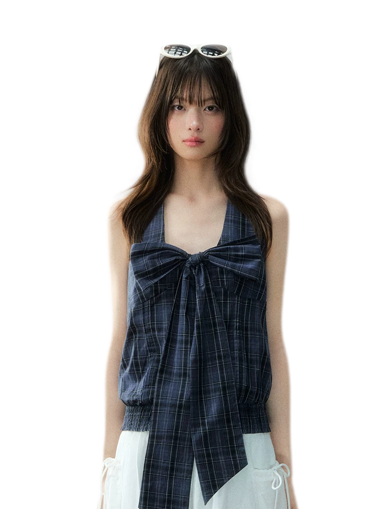 Checked Bow Tie V-Neck Halter Top