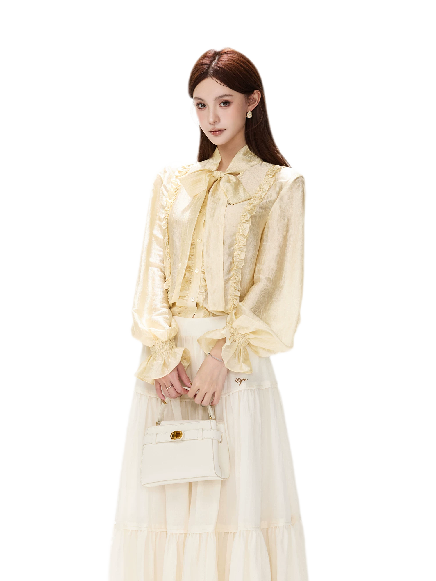 Shimmering Ruffle Lantern Sleeve Blouse