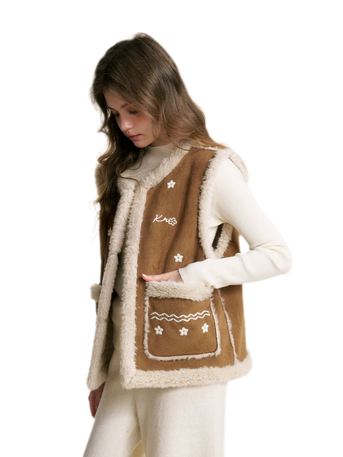 Shearling Floral Embroidered Vest