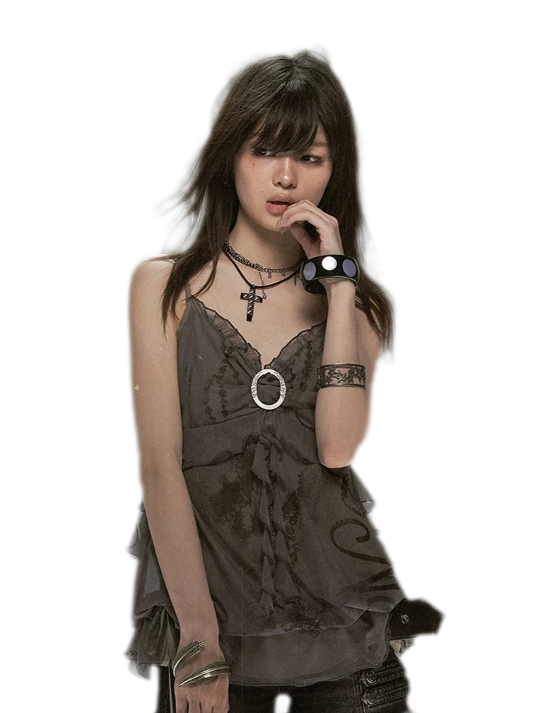 Graffiti Mesh Ruffle Camisole