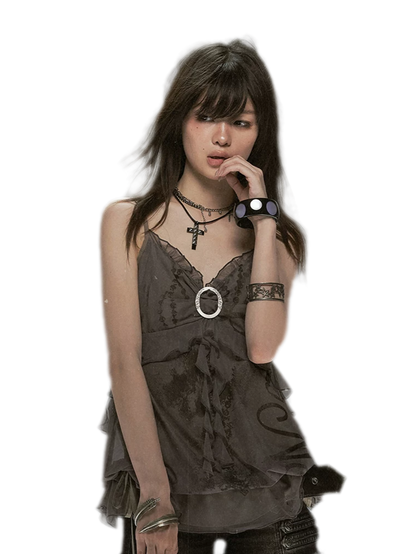 Graffiti Mesh Ruffle Camisole