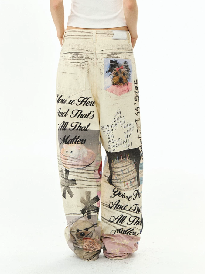 Washed Print Wide-Leg Jeans