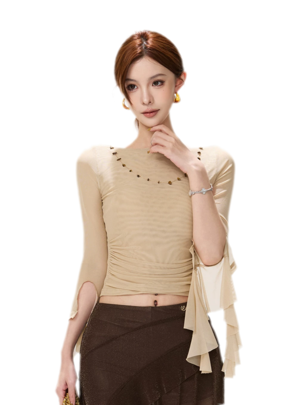 Ruched Mesh Boat-Neck Top