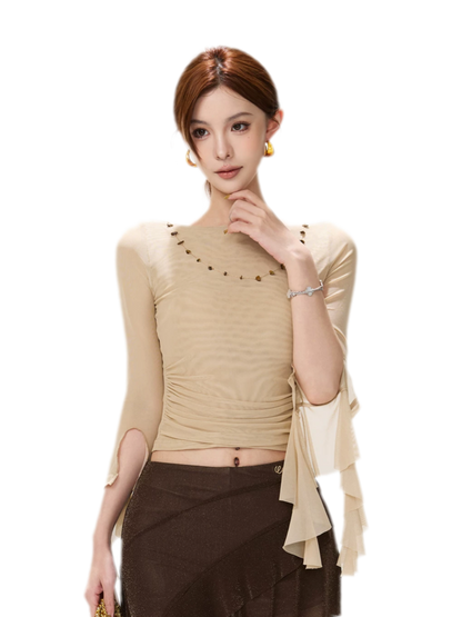 Ruched Mesh Boat-Neck Top