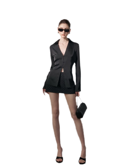 Satin Three-Button V-Neck Blouse