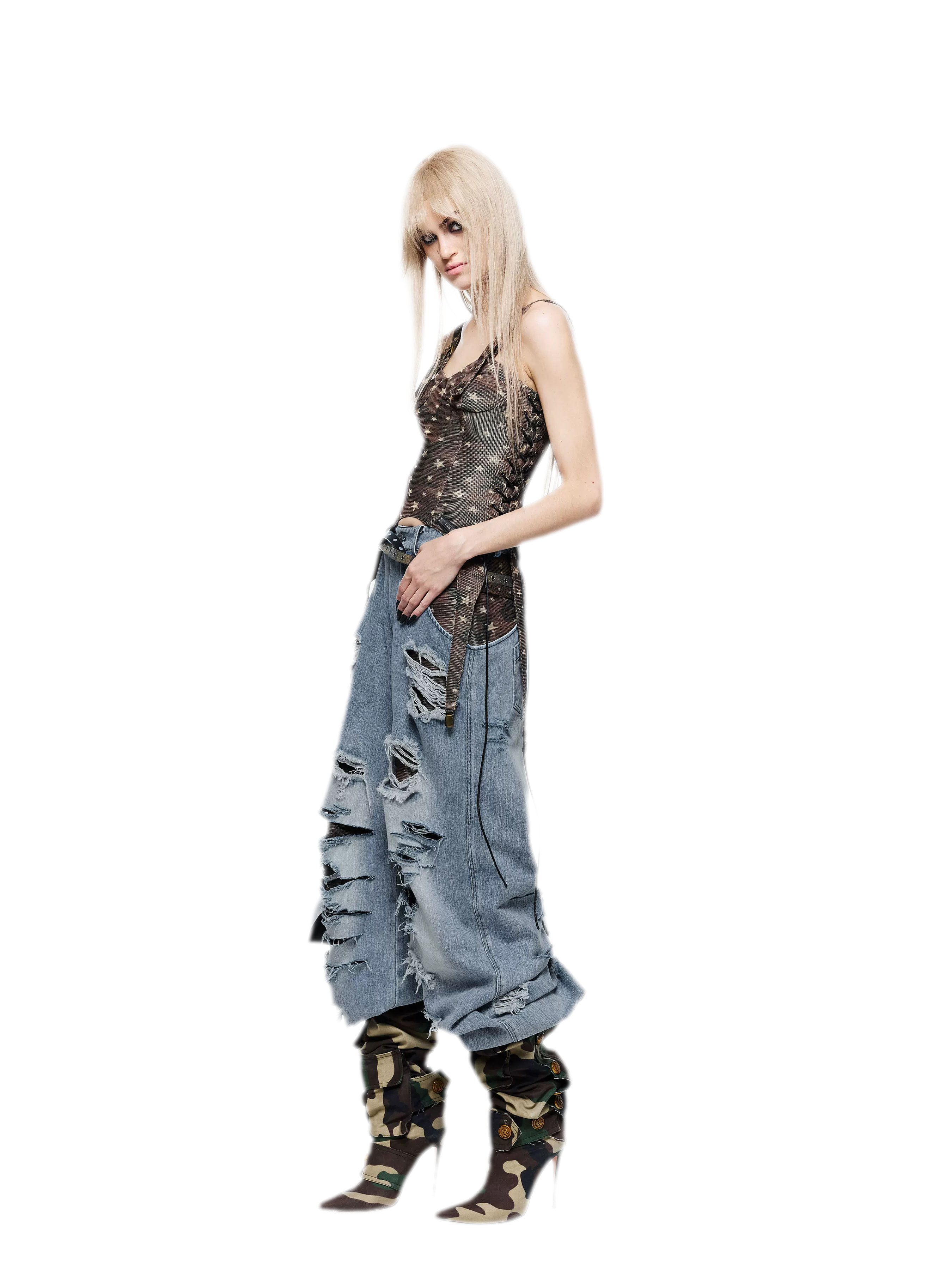 Patchwork Distressed Straight-Leg Jeans