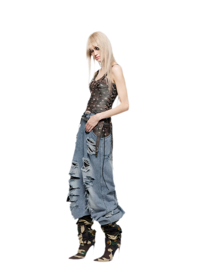 Patchwork Distressed Straight-Leg Jeans