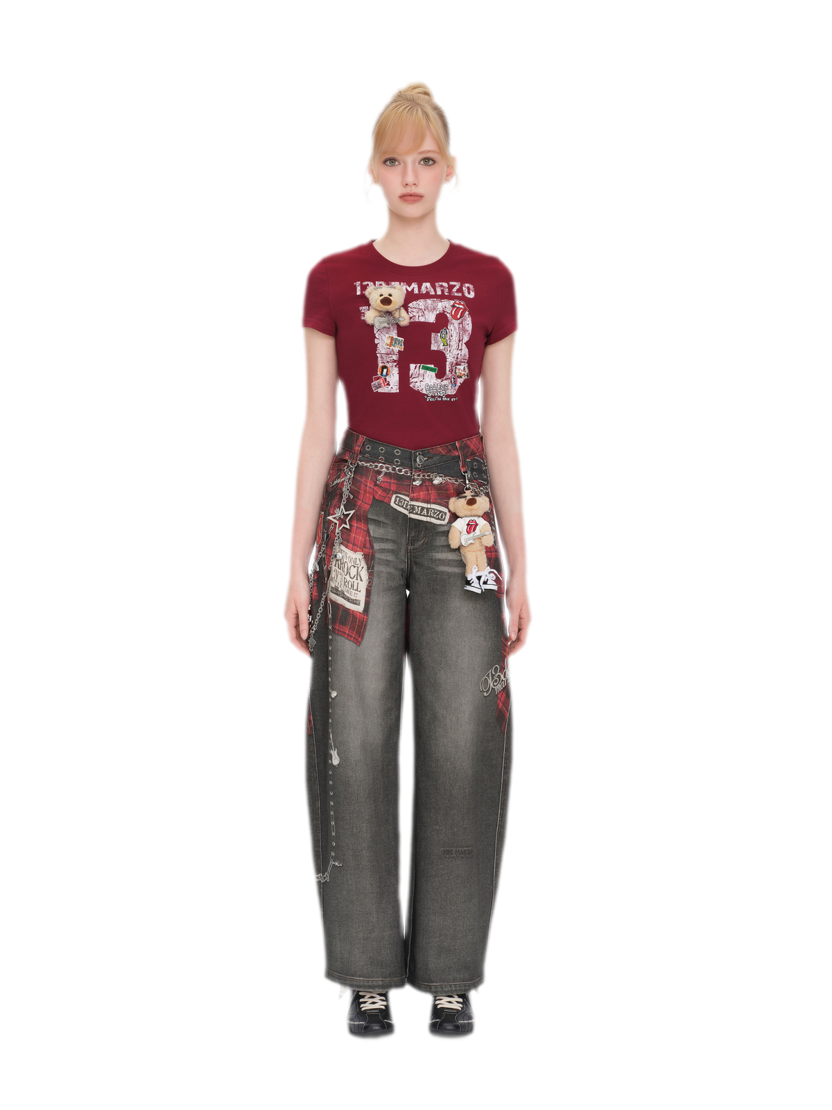 Plaid Panel Graphic Jeans