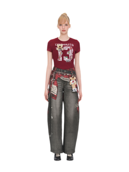 Plaid Panel Graphic Jeans