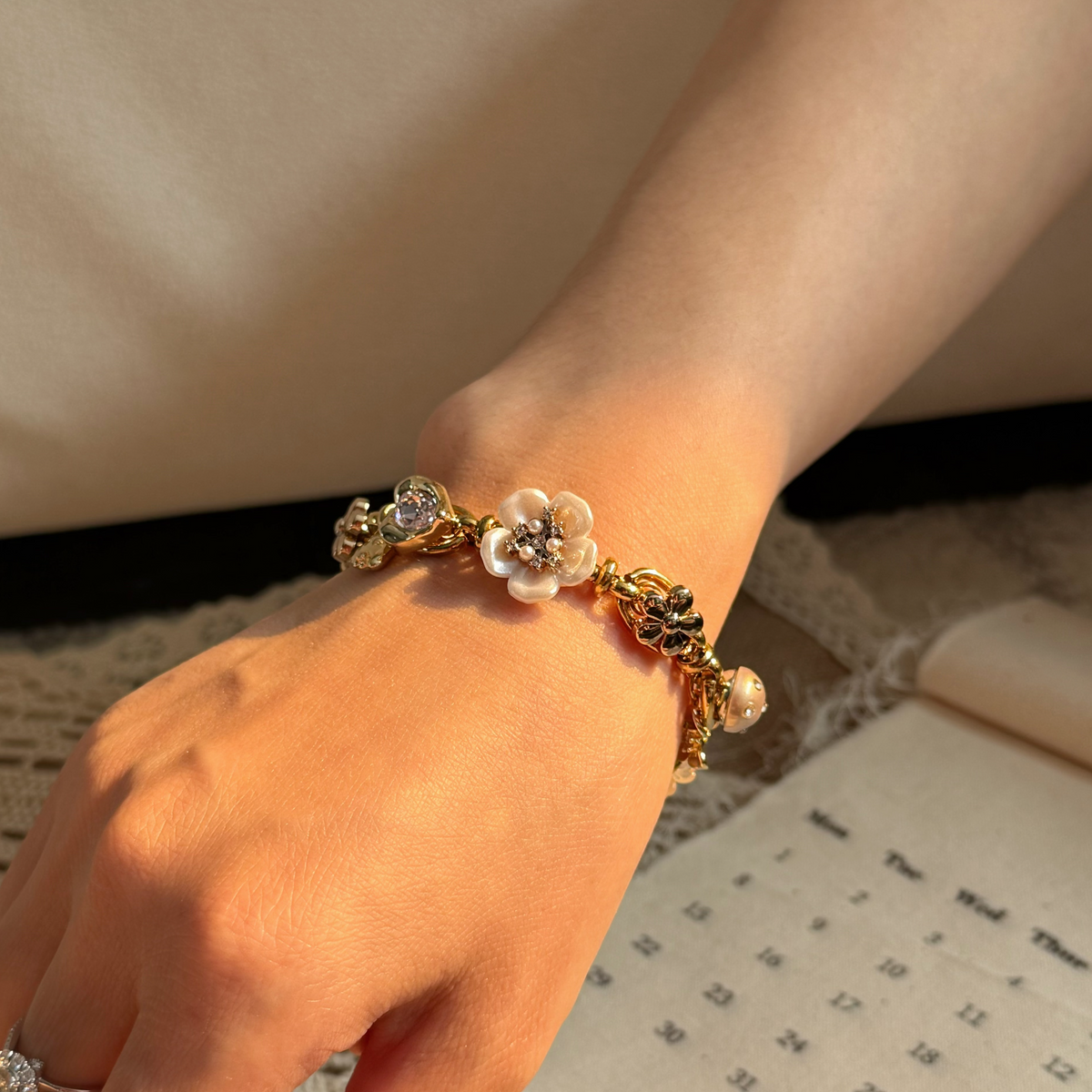 Gold-Pink Heart Charm Bracelet