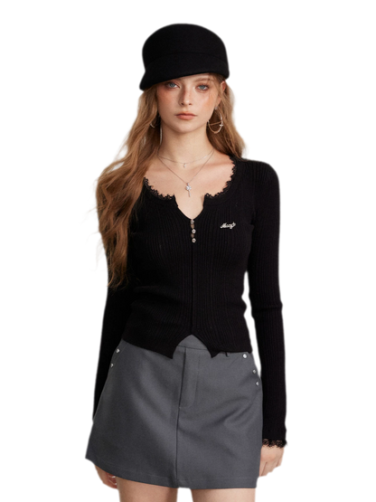 Lace Trim Ribbed Knit Top