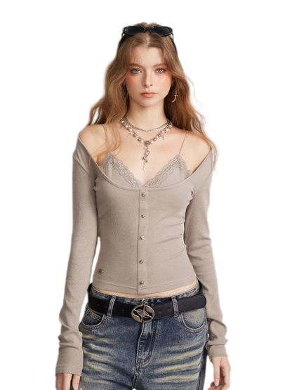 Ribbed Lace Splice T-Shirt