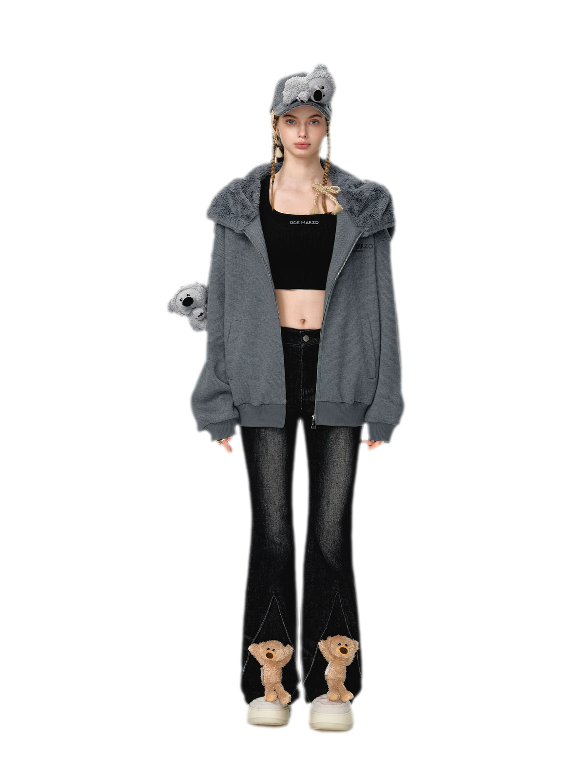 Áo hoodie khóa kéo bề mặt dệt nổi hình gấu koala
