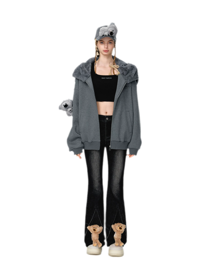 Áo hoodie khóa kéo bề mặt dệt nổi hình gấu koala