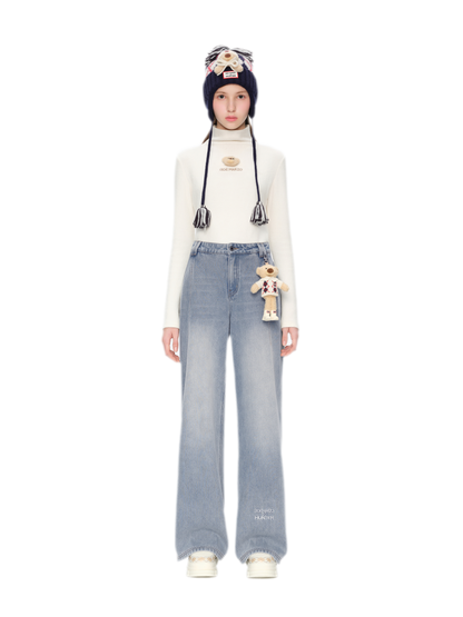 Jeans in denim a gamba larga con fodera in pile