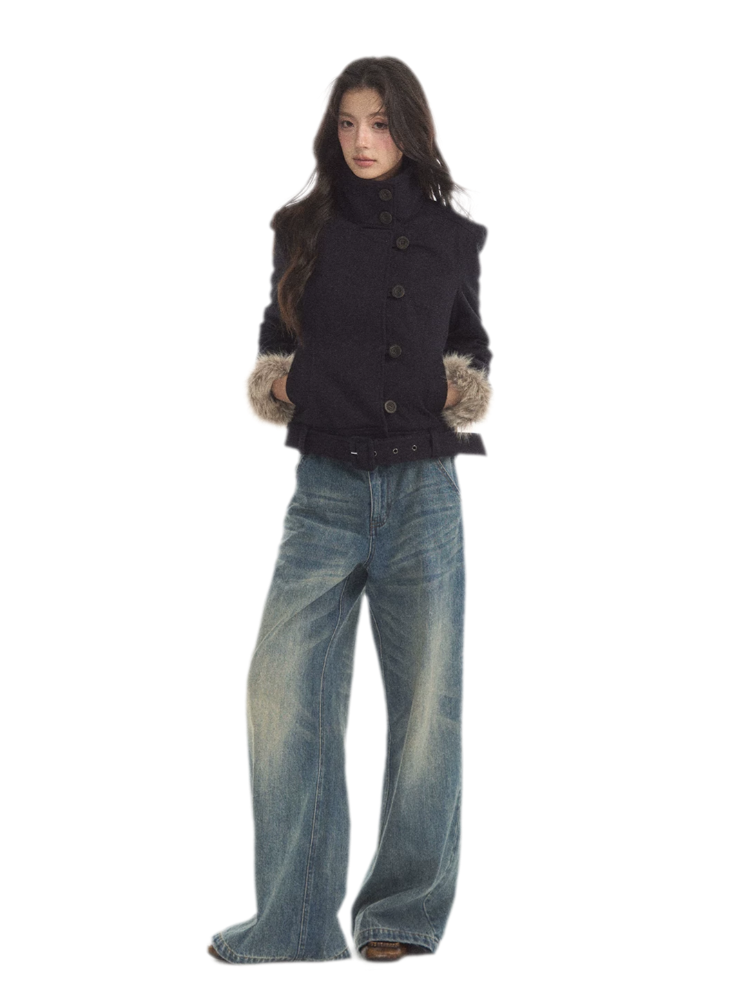 Detachable Fur Collar Twill Coat