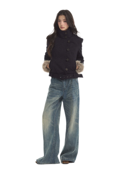 Detachable Fur Collar Twill Coat
