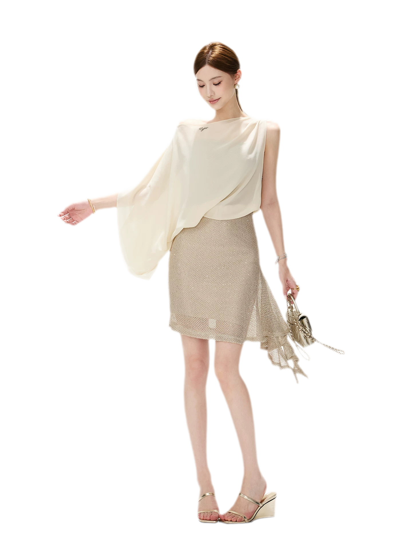 CYNR Sheer Drape Off-Shoulder Dress – view 5