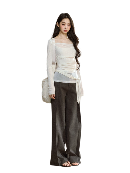 Ruched Sheer Crossover Long-Sleeve Top