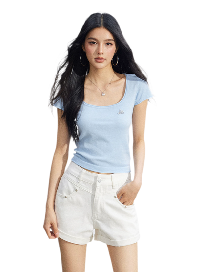 Candy Color U-Neck Short Sleeve T-Shirt