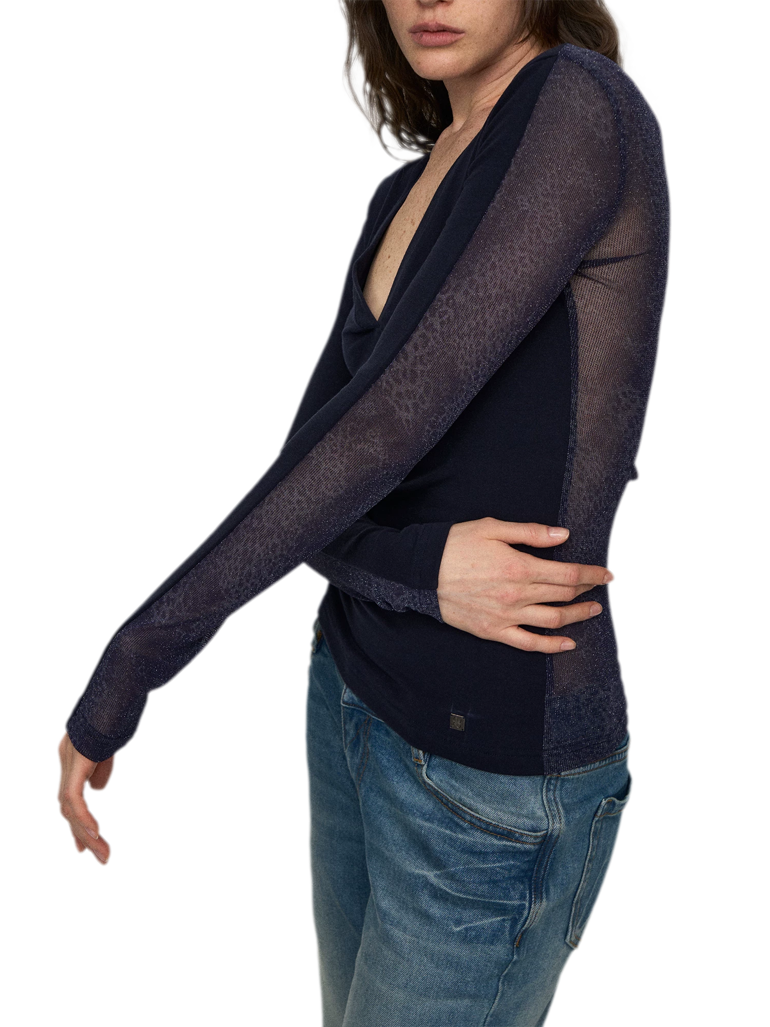 Wool Lyocell V-Neck Long Sleeve Top with Lace