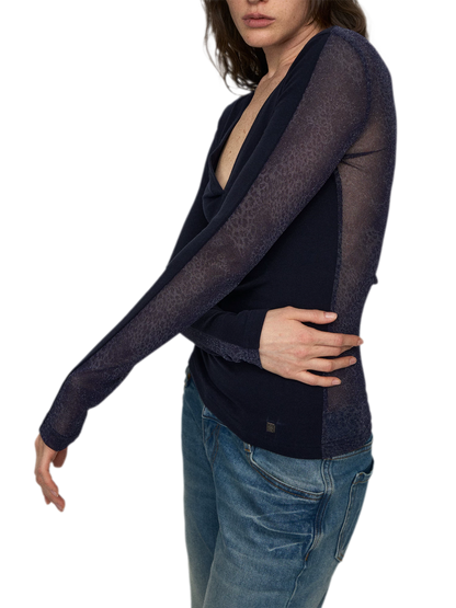 Wool Lyocell V-Neck Long Sleeve Top with Lace