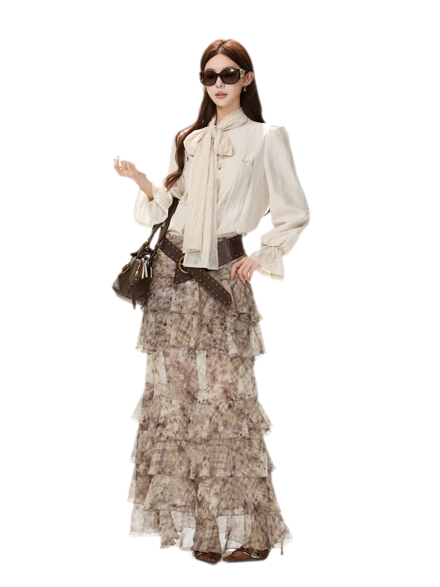Textured Lace Tie Collar Blouse