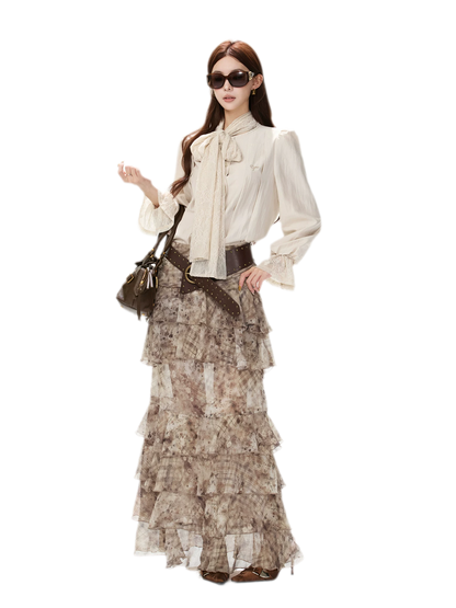 Textured Lace Tie Collar Blouse