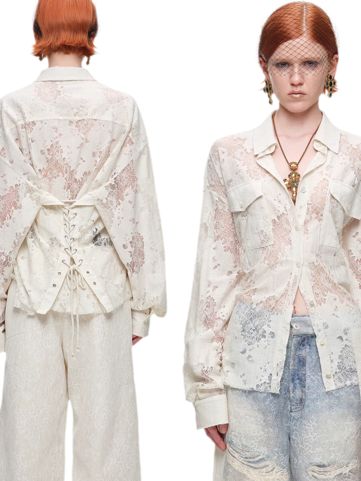 Lace Oversized Tie Shirt