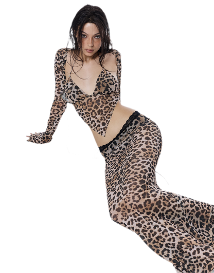 Leopard Mesh Midi Skirt