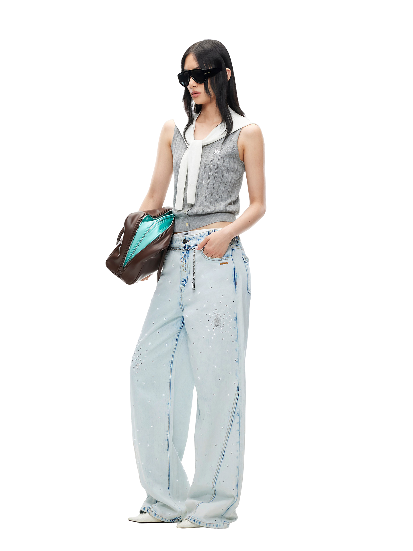 Shimmering Distressed Wide-Leg Jeans