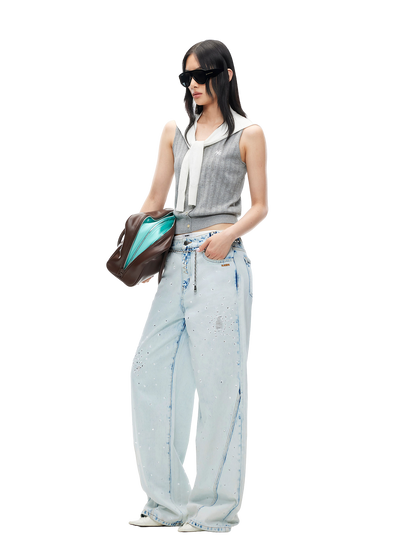 Shimmering Distressed Wide-Leg Jeans